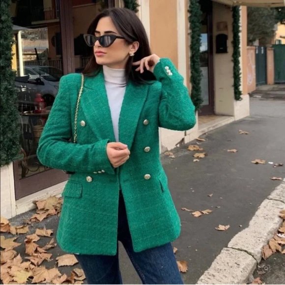 ZARA Balmain Style Double Breasted Blazer Textured Green - Picture 15 of 15